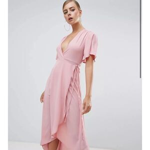 NWT missguided high low wrap front midi tea dress pink